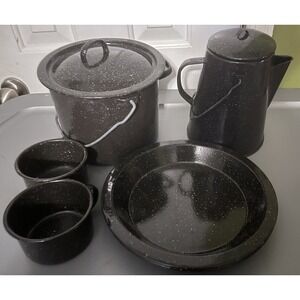 9 Piece Unbranded Metal Black With White Spickled Camping/Fishing Cooking‎ Set